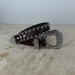 Rhinestone Studded Leather Western Belt Brown Snakeskin
